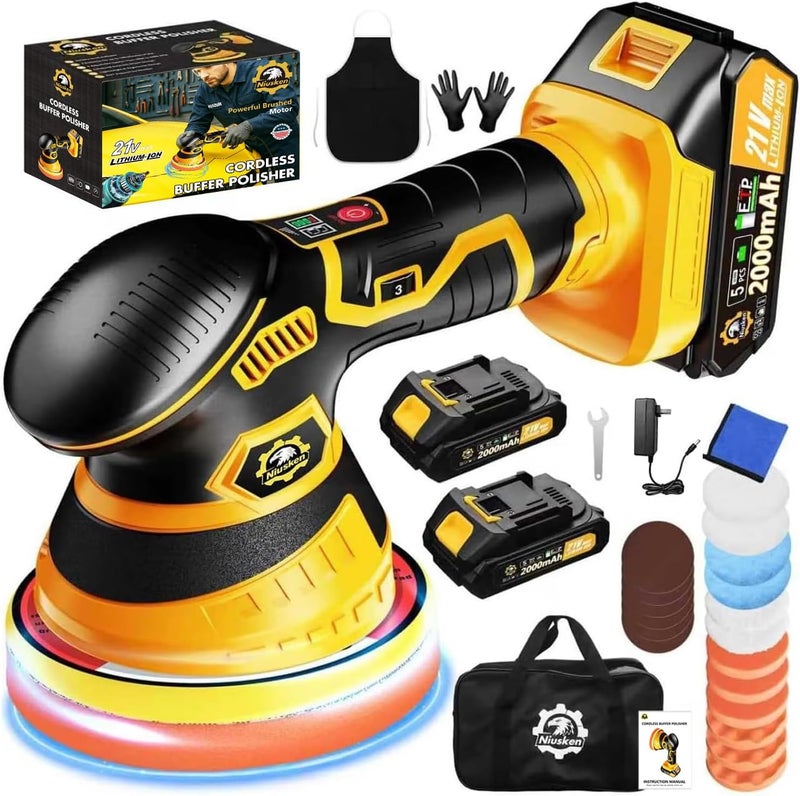 Niusken Cordless Car Buffer Polisher kit [2x 2000mAh 21V Batteries & 18 PCS Attachments] 6-Speed Orbital Design, LED Display, Lightweight Detailing Tool for Waxing, Polishing & Scratch Removal - Image 1